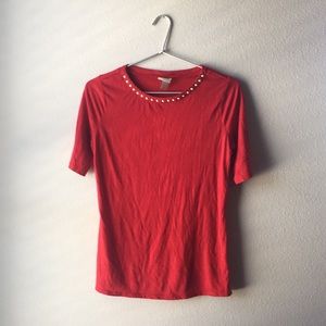Sm Red blouse with pearl detail at neckline
